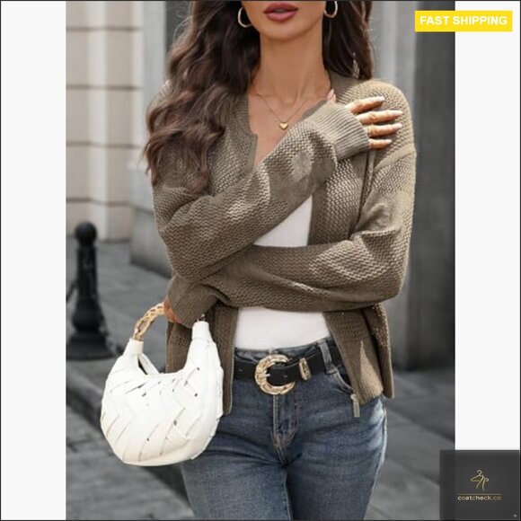 Crochet Cardigan Zipper Sweater Jacket Long Sleeve Ribbed Bomber - Picture 5 of 7